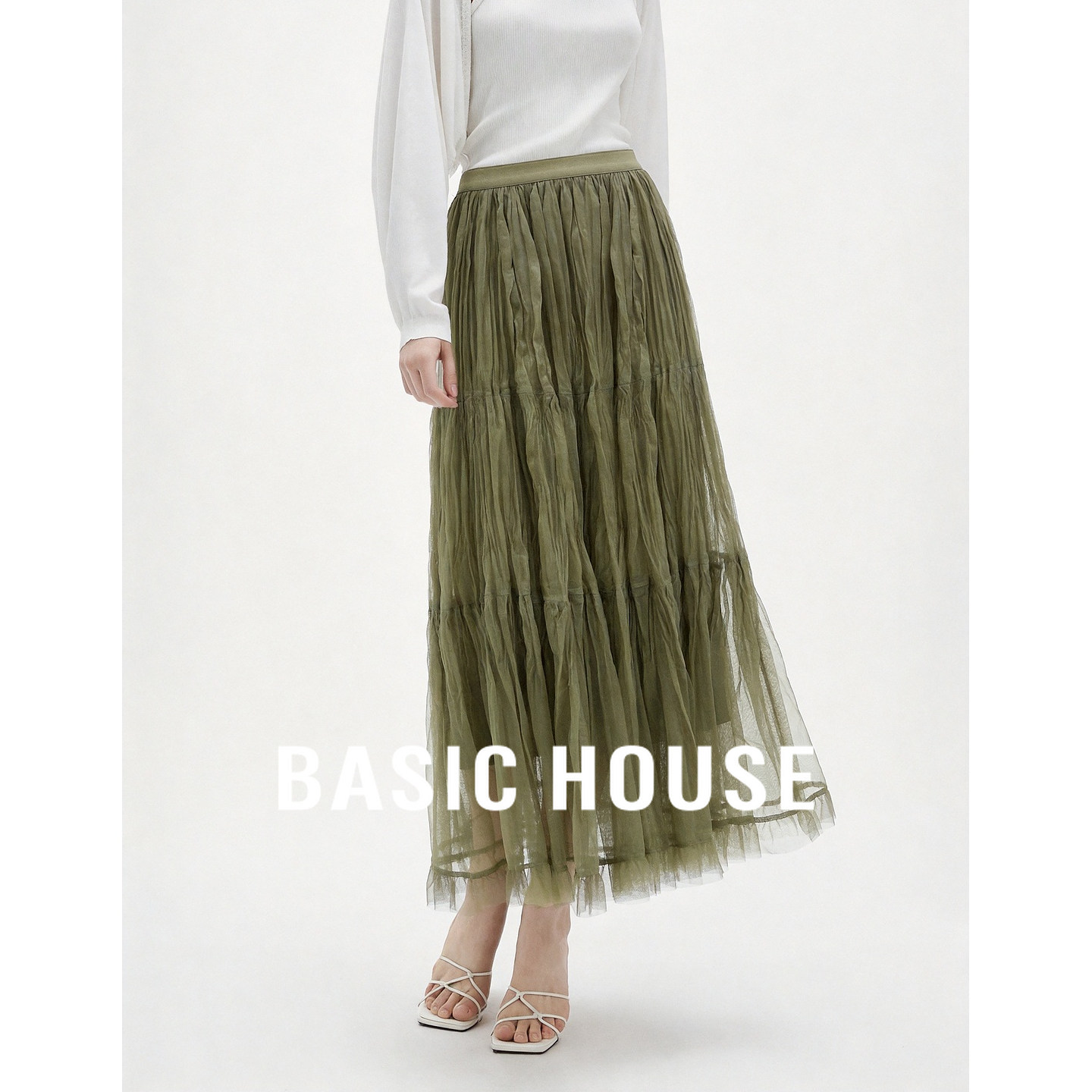Basic House/百家好文艺复古绿色网纱半身裙女秋高腰显瘦A字长裙