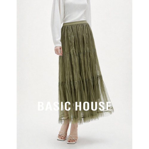 Basic House/百家好文艺复古绿色网纱半身裙女秋高腰显瘦A字长裙