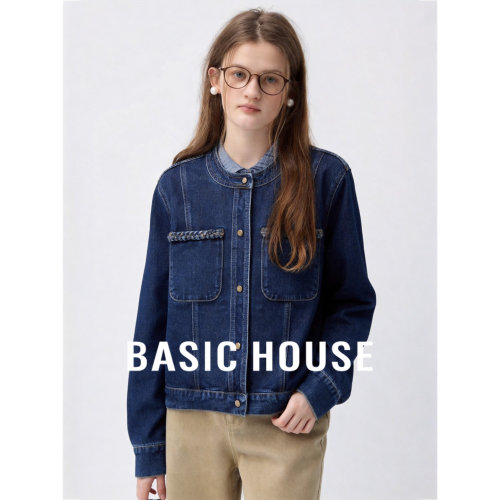 Basic House/百家好复古牛仔外套女短款圆领双口袋百搭高级感外套