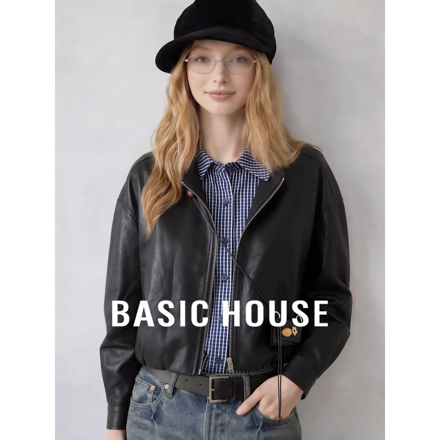 Basic House/百家好复古机车风假两件翻领皮衣外套女短款百搭气质