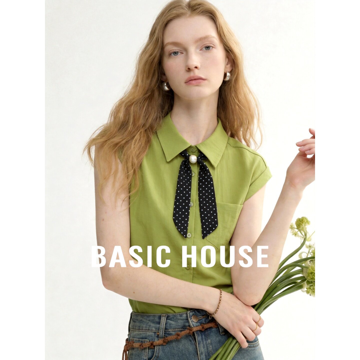 Basic House/百家好绿色设计感衬衫女夏季翻领短袖百搭优雅风上衣
