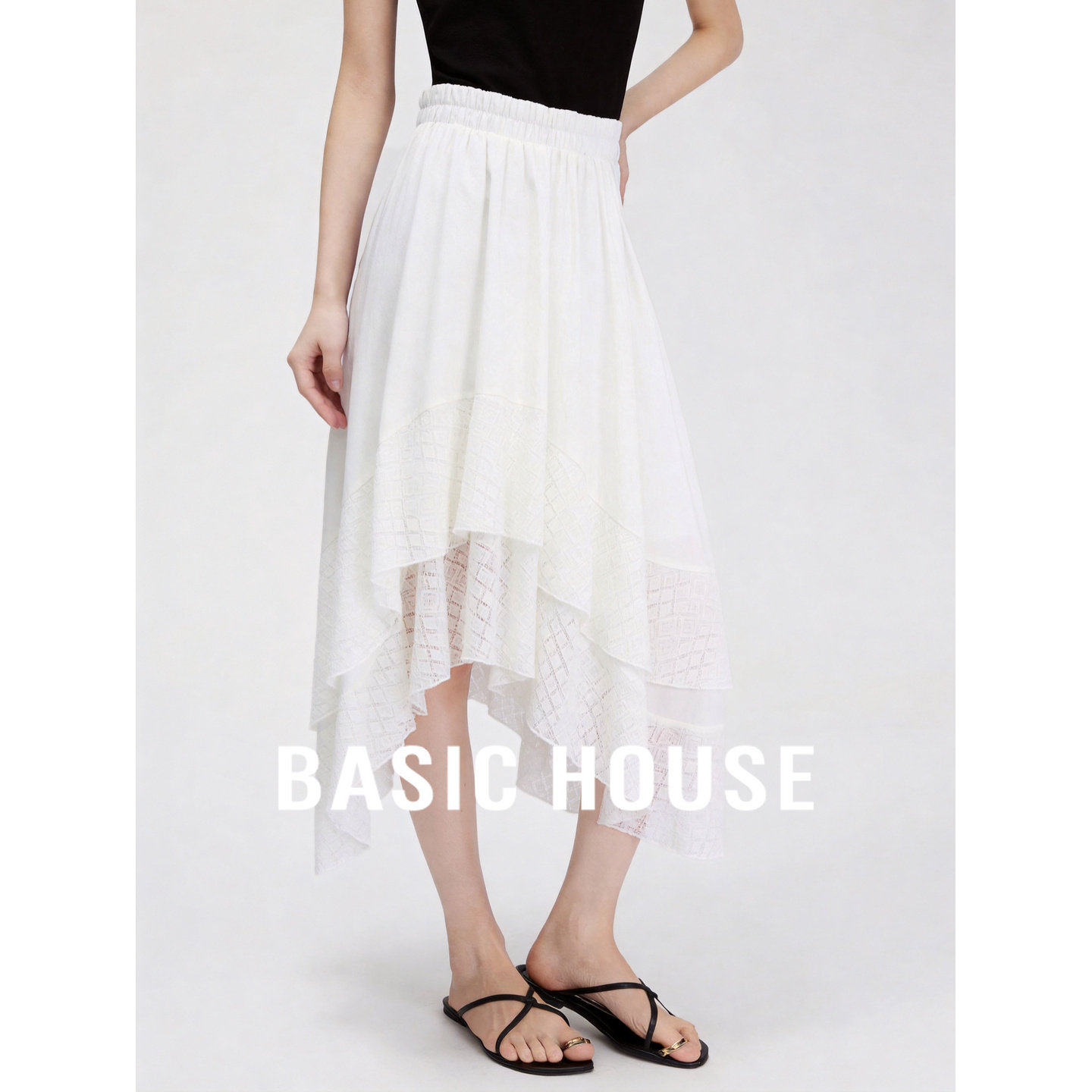 Basic House/百家好白色不规则飘逸半身裙女26夏季高腰显瘦A字裙