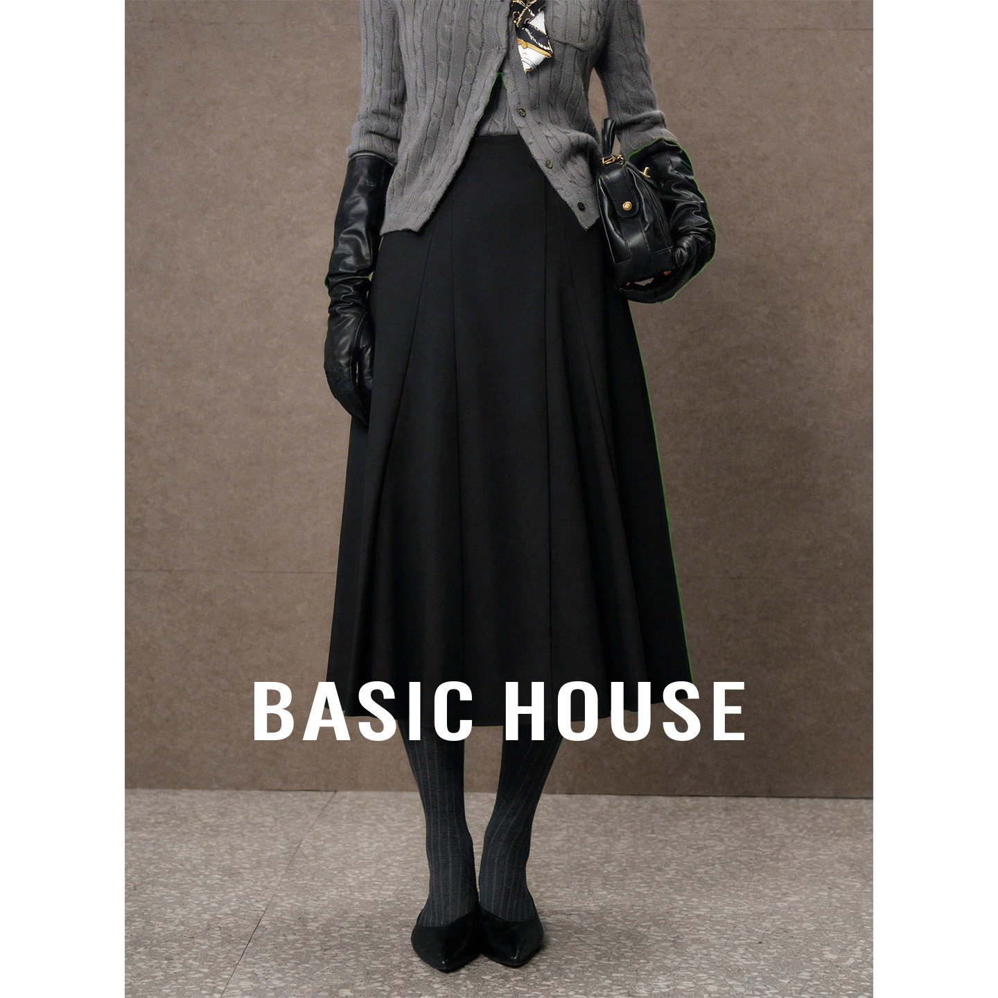 Basic House/百家好黑色A字半身裙秋季新款高级感中长款高腰裙子