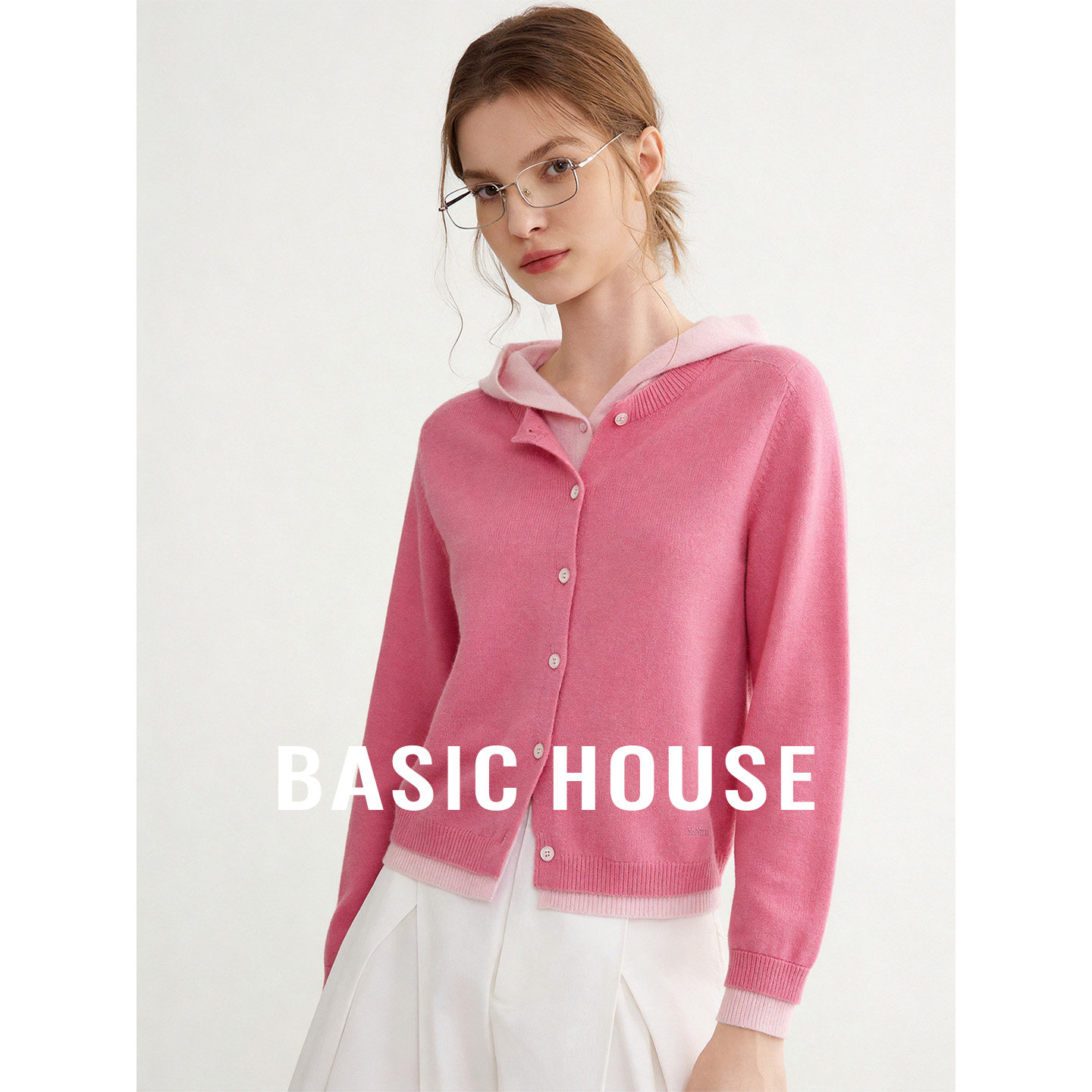 Basic House/百家好秋季新款气质撞色拼接针织开衫设计感连帽上衣