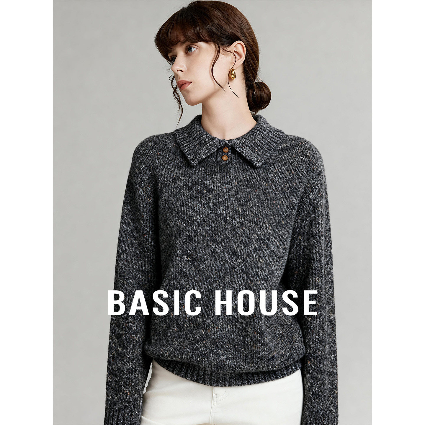 Basic House/百家好26翻领纯色基础款毛衣女秋冬保暖兔毛短款上衣