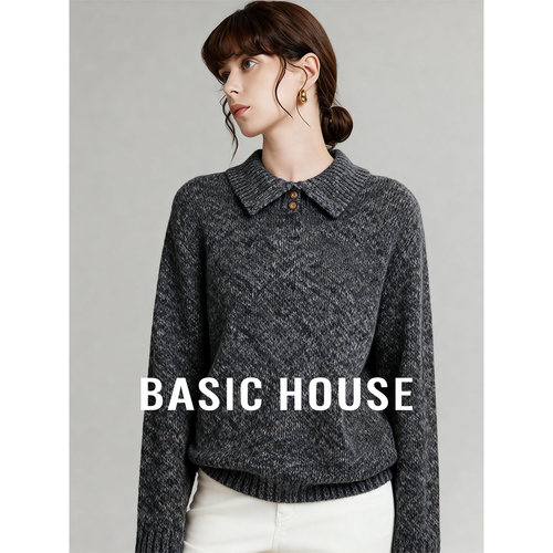 Basic House/百家好26翻领纯色基础款毛衣女秋冬保暖兔毛短款上衣
