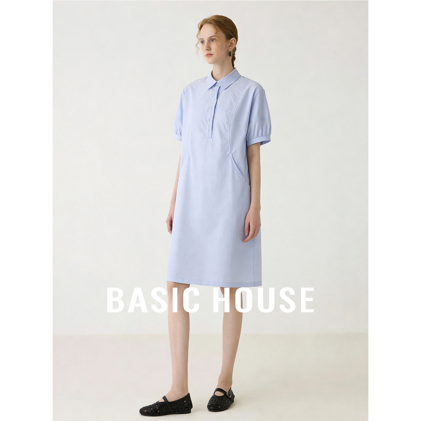 Basic House/百家好学院风纯色拼接中长款裙子夏季翻领短袖连衣裙