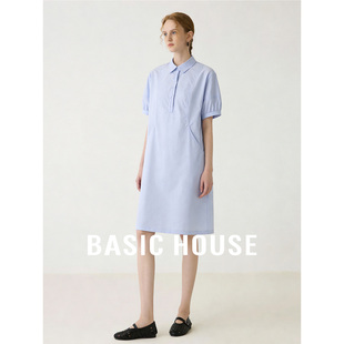 裙子春夏翻领短袖 百家好学院风纯色拼接中长款 连衣裙 House Basic