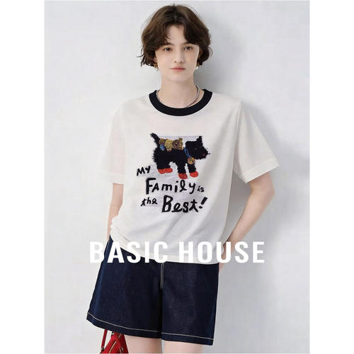 Basic House/百家好圆领撞色卡通刺绣针织衫女26夏季宽松慵懒上衣