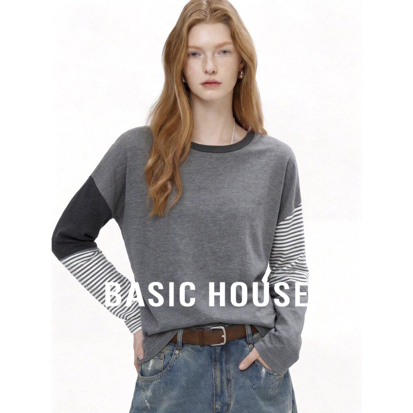 Basic House/百家好条纹拼接撞色针织衫女秋季宽松设计感长袖上衣