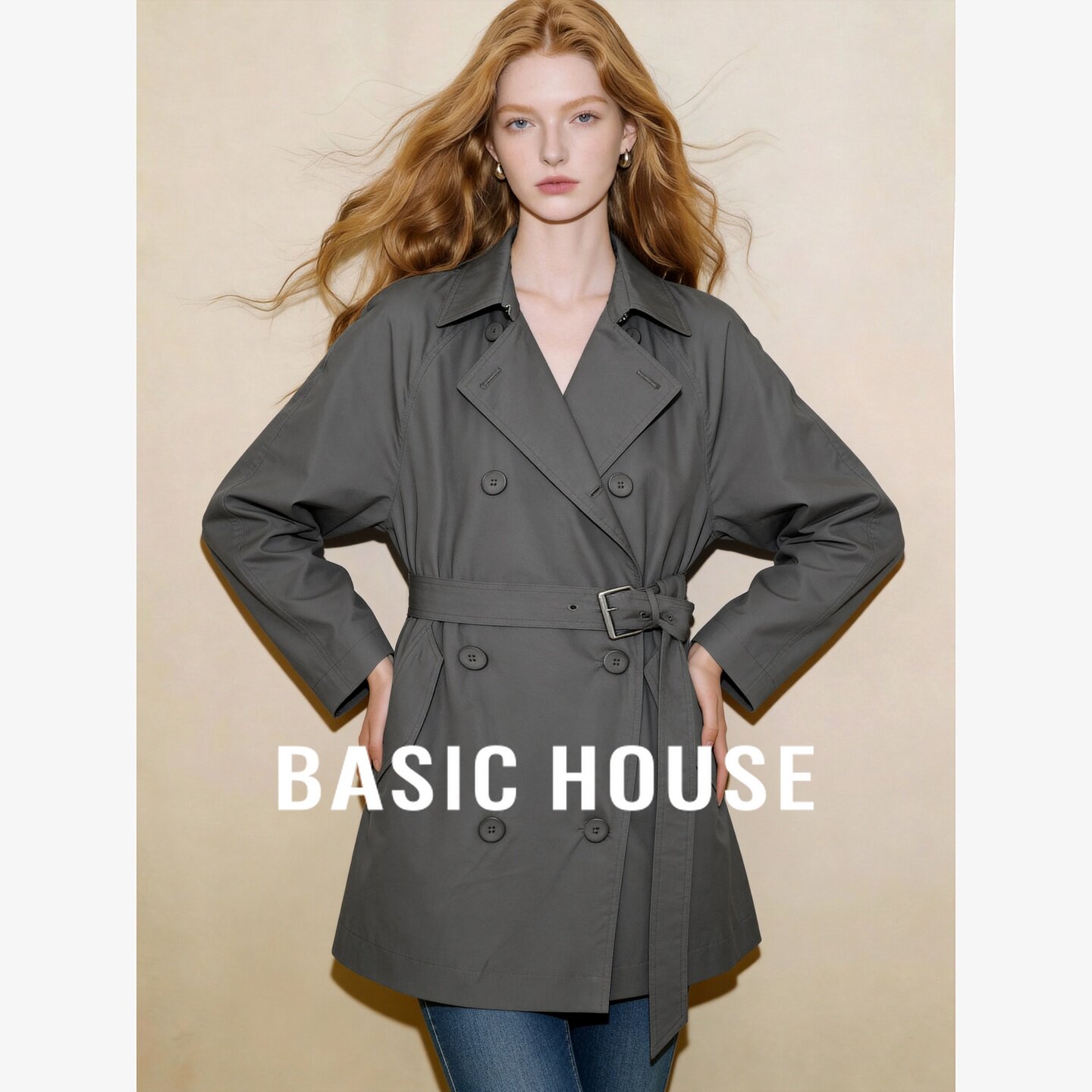 Basic House/百家好纯棉复古翻领绑带设计感风衣女中长款收腰外套