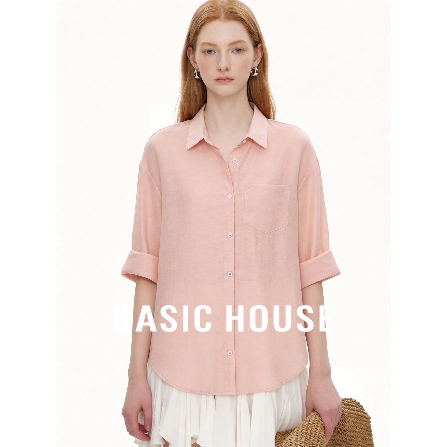 Basic House/百家好极简风粉色莱赛尔衬衫女中袖翻领通勤气质上衣