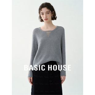 女春夏莱赛尔透气上衣 百家好灰色V领简约宽松针织衫 Basic House
