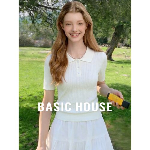 Basic House/百家好本白色羊毛针织Polo衫短袖女夏季新款修身简约