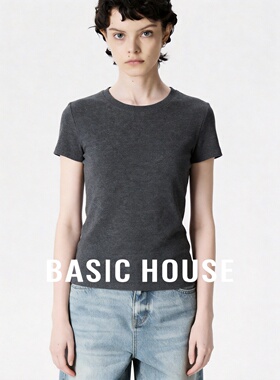 Basic House/百家好黑色正肩圆领短袖T恤女夏季修身显瘦简约上衣
