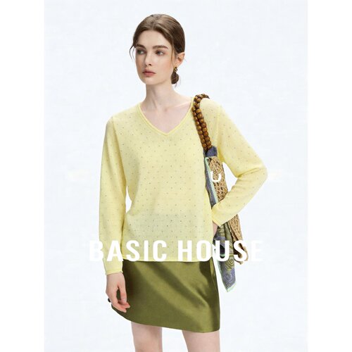 Basic House/百家好慵懒风莱赛尔V领针织衫女秋黄色宽松显瘦上衣