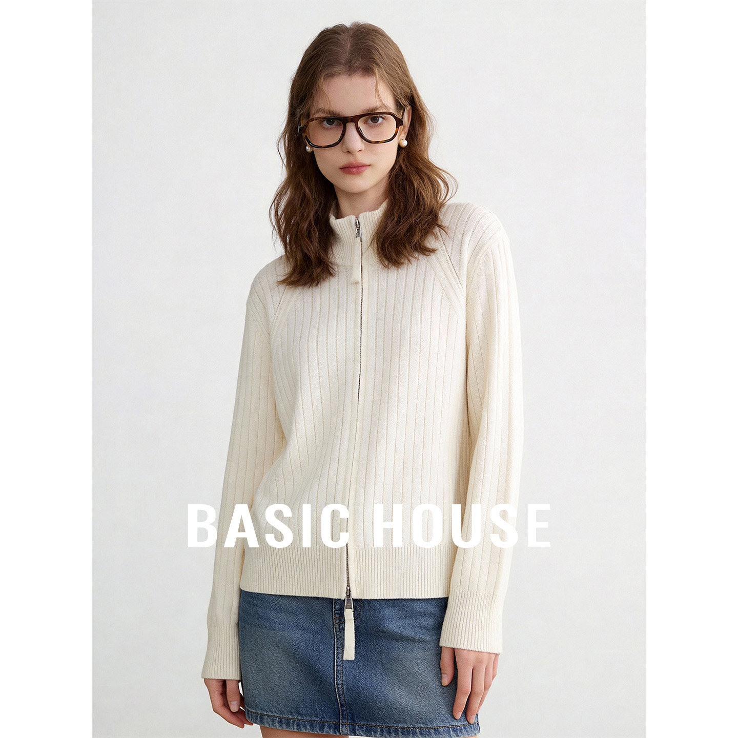 Basic House/百家好半高领白色羊毛衫女秋季新款双头拉链针织毛衣