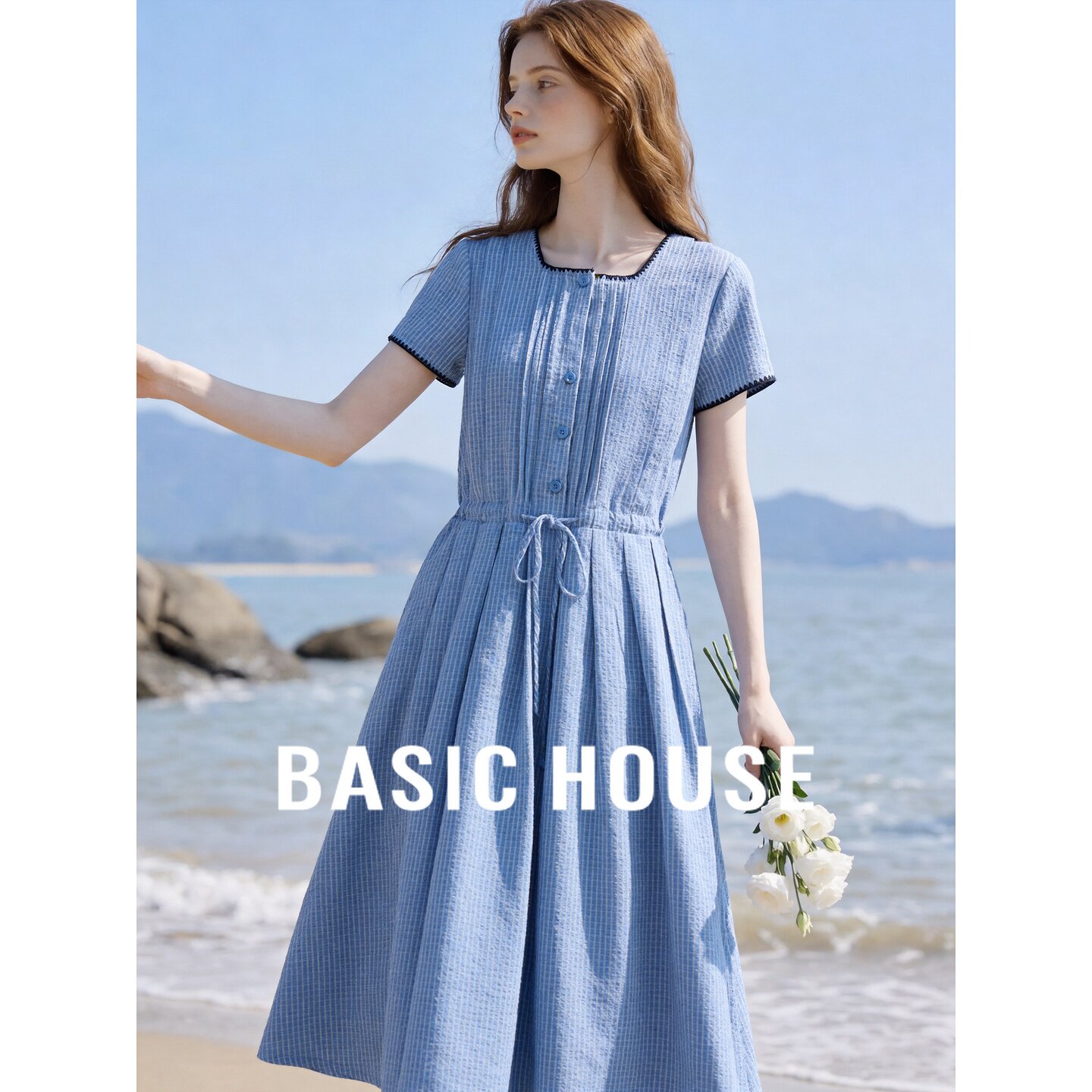 Basic House/百家好优雅蓝色格纹连衣裙女夏季收腰系带清新茶歇裙