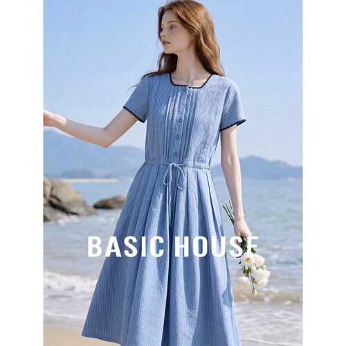Basic House/百家好优雅蓝色格纹连衣裙女夏季收腰系带清新茶歇裙