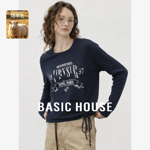 Basic House/百家好羊毛字母印花针织衫女装圆领抽绳压褶收腰上衣