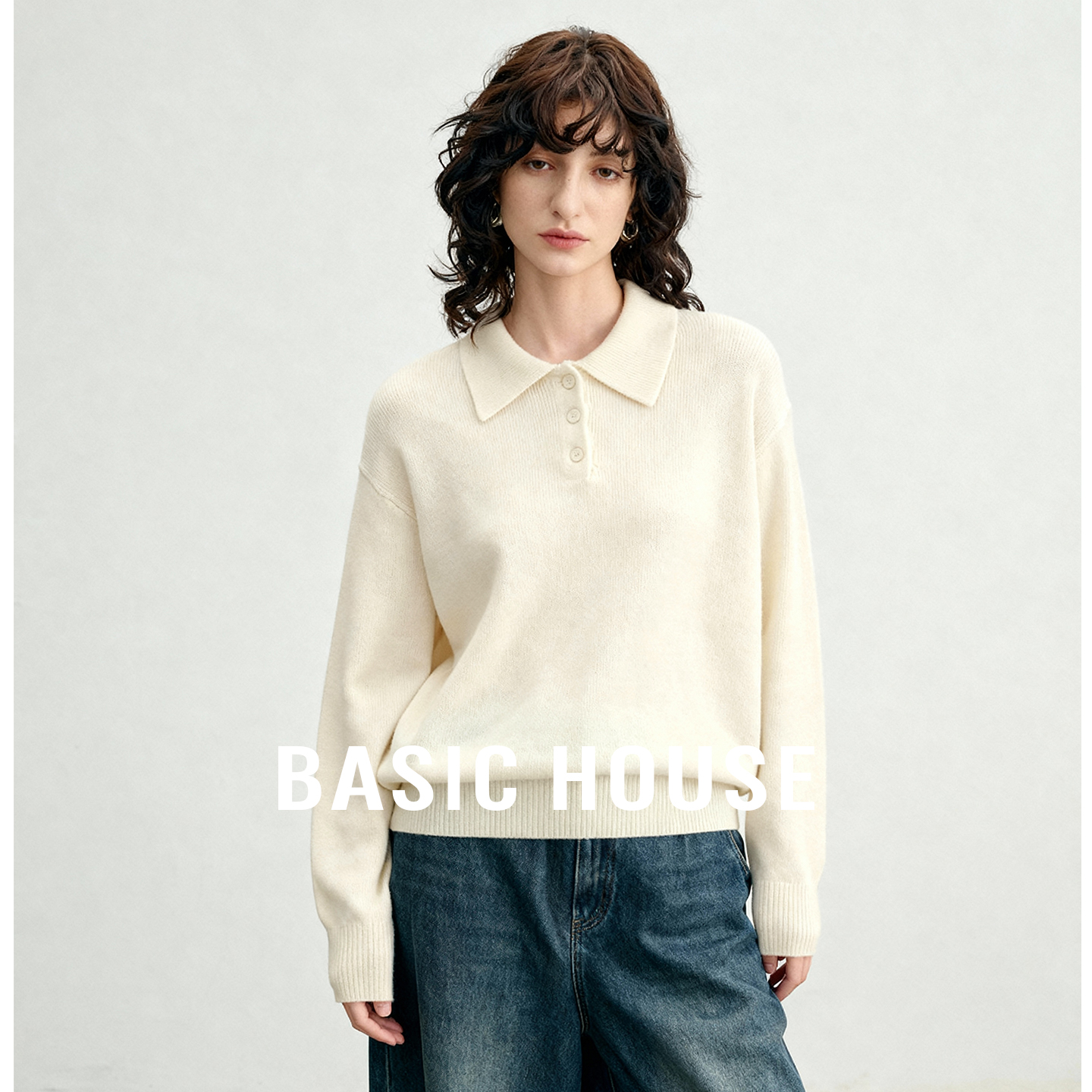 Basic House/百家好POLO领绵羊毛宽松针织衫女秋冬新款保暖上衣