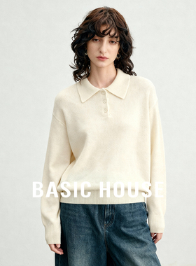 Basic House/百家好POLO领绵羊毛宽松针织衫女秋冬新款保暖上衣