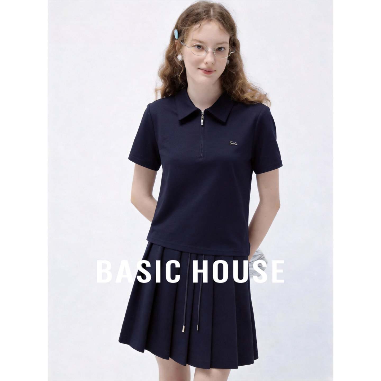 Basic House/百家好半拉链短袖T恤女2026夏学院风百褶半裙两件套