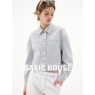 Basic House/百家好纯色短款牛仔外套女新款翻领宽松纽扣夹克上衣