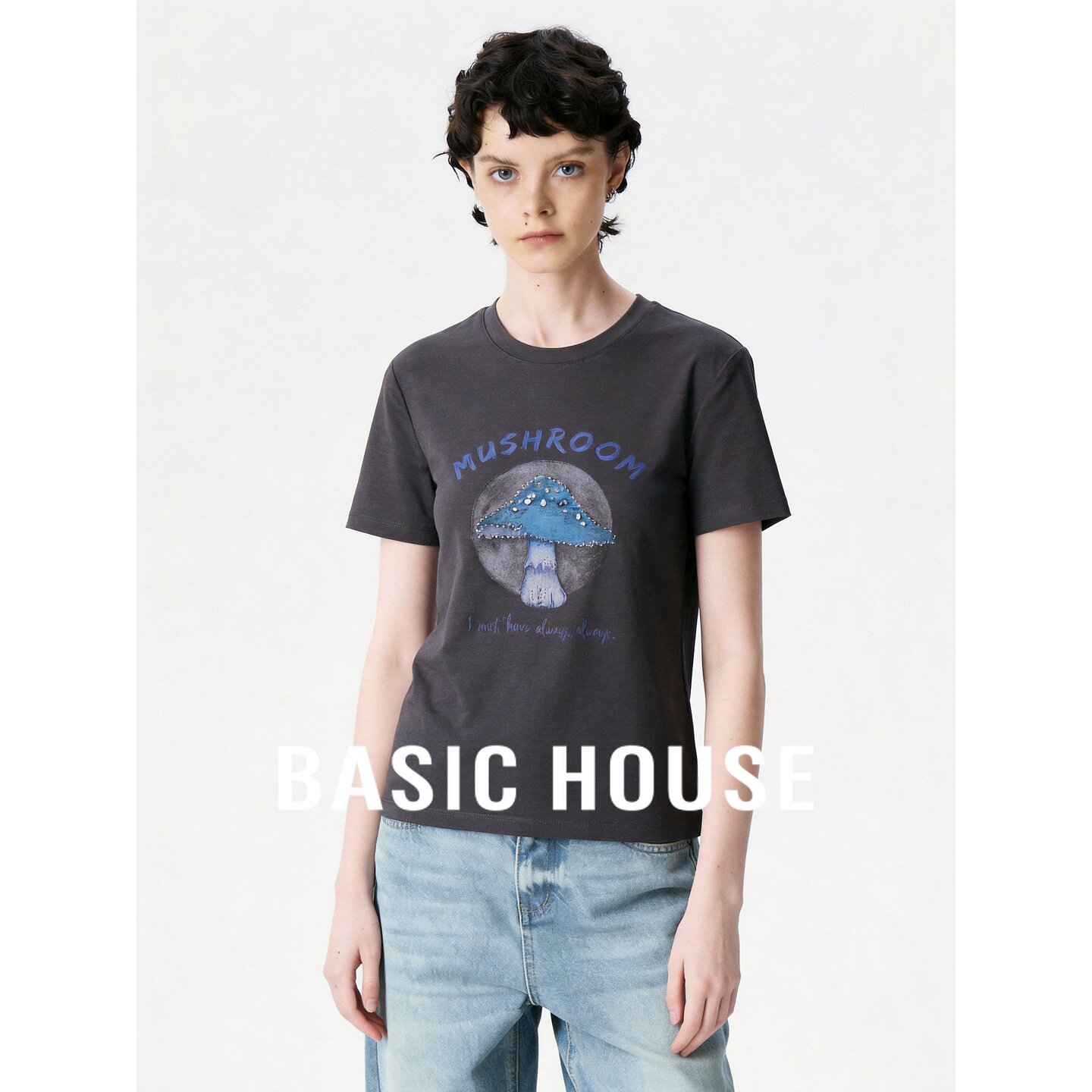 Basic House/百家好美式灰色印花短袖T恤女夏季圆领宽松百搭显瘦