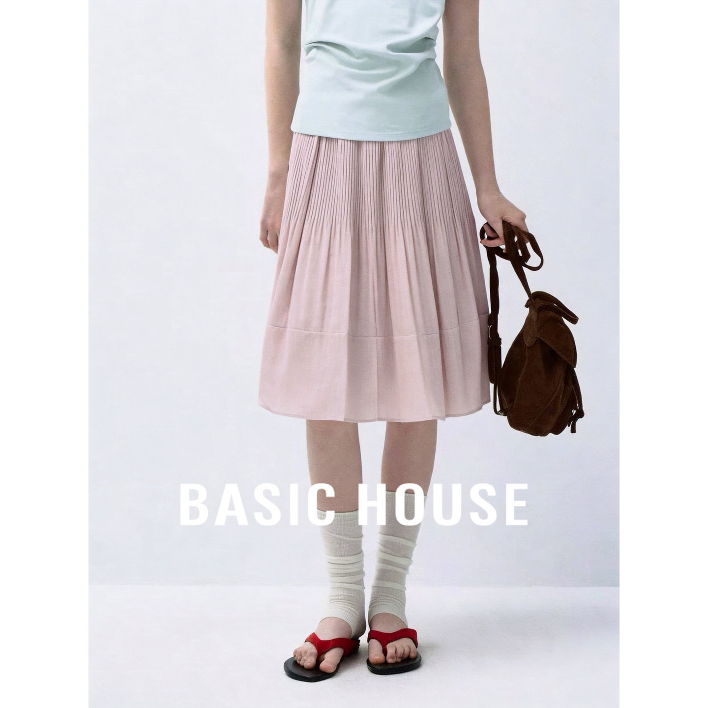 Basic House/百家好日系森系粉色百褶半身裙女A字中裙设计感褶皱
