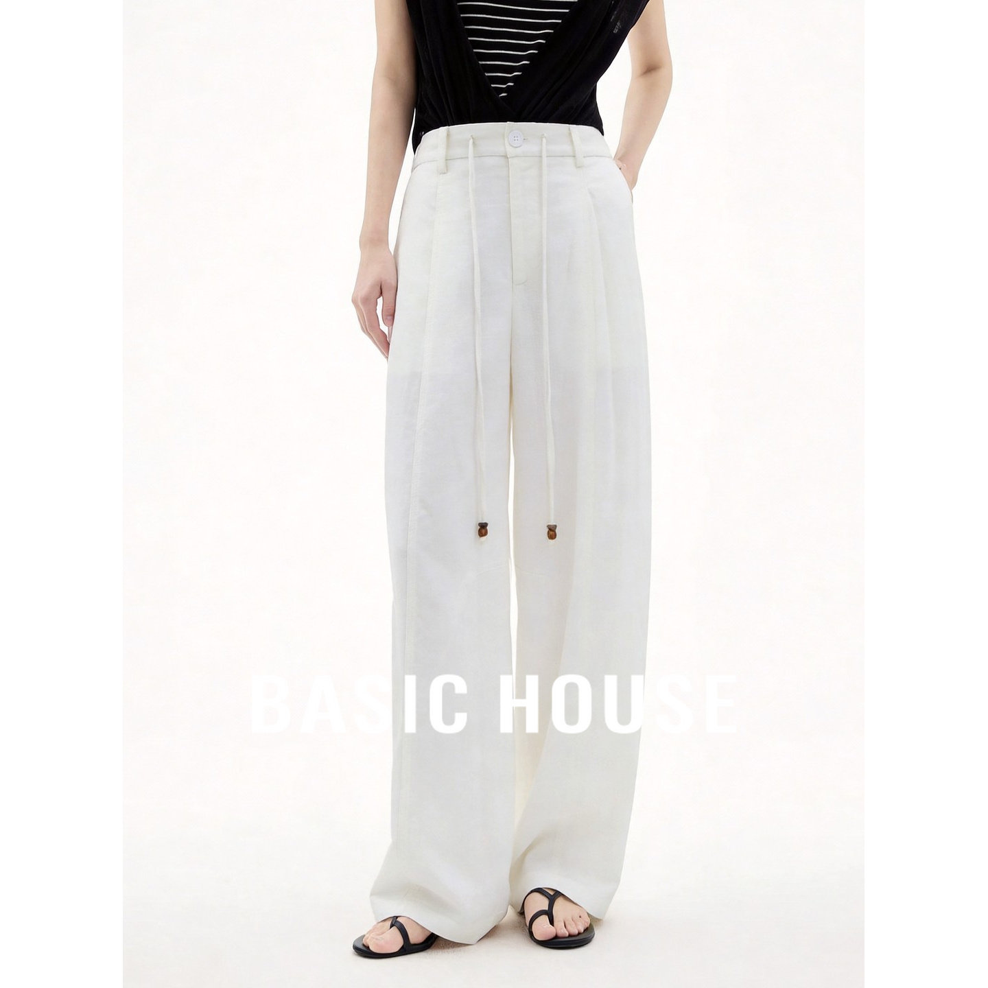 Basic House/百家好慵懒风白色亚麻阔腿裤女直筒裤舒适百搭休闲裤