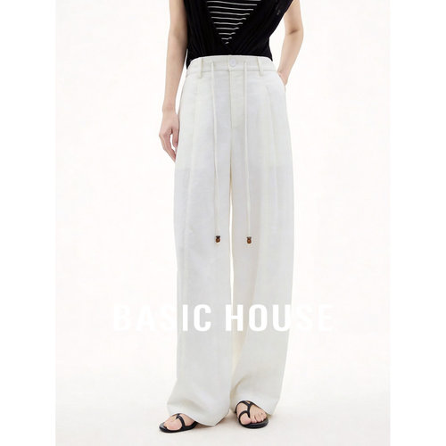Basic House/百家好慵懒风白色亚麻阔腿裤女直筒裤舒适百搭休闲裤