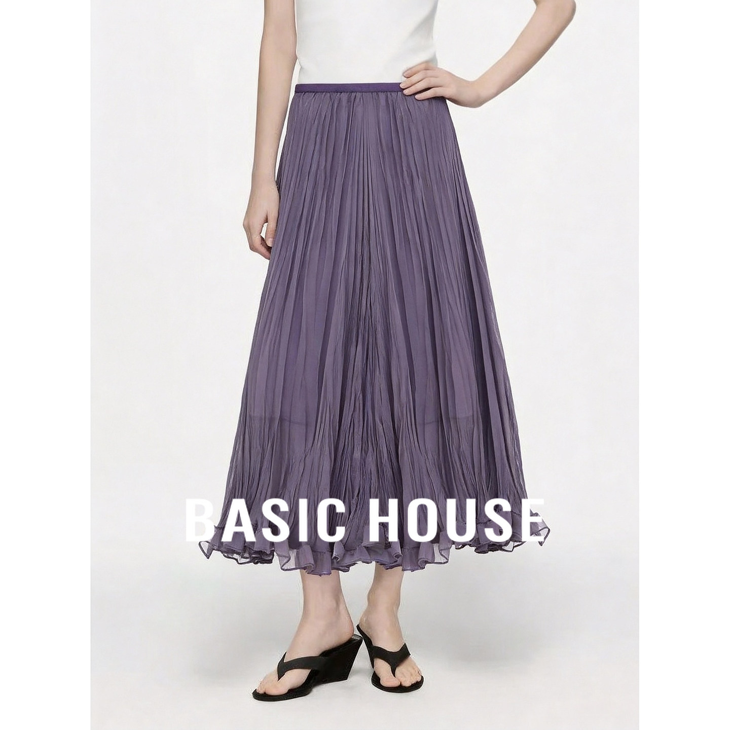 Basic House/百家好紫色百褶A字半身裙女夏韩版通勤约会高腰显瘦