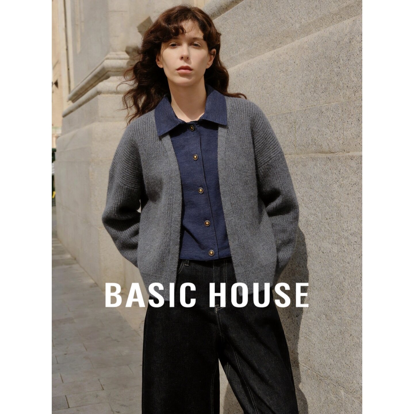 Basic House/百家好假两件拼接翻领针织开衫女秋毛衣外套气质上衣