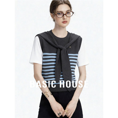Basic House/百家好海军风假两件系带针织衫新款撞色条纹圆领上衣