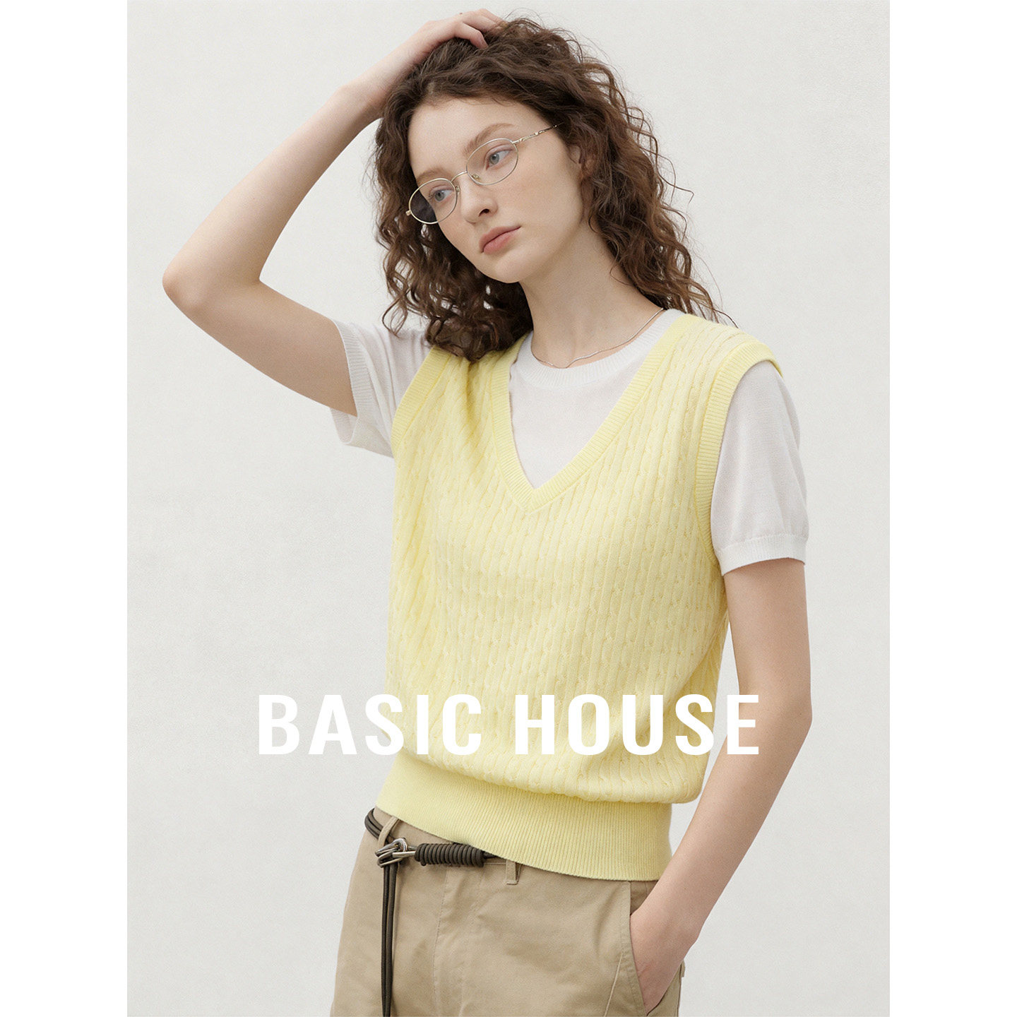 Basic House/百家好黄色假两件针织衫女夏季莱赛尔舒适透气上衣