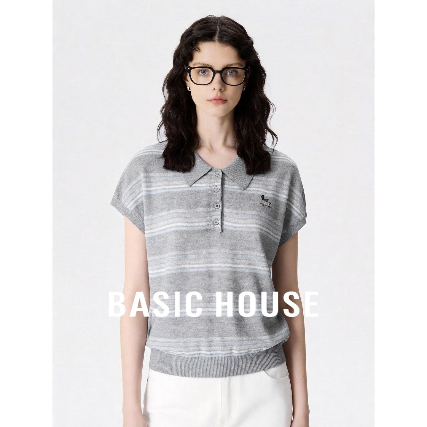 Basic House/百家好灰色polo领学院风短袖针织衫女夏透气百搭上衣