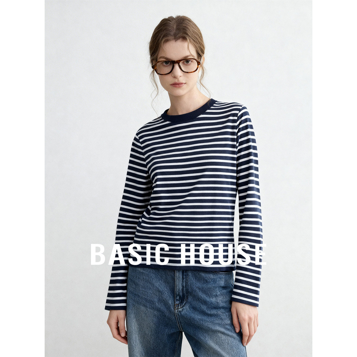Basic House/百家好撞色条纹圆领宽松T恤新款百搭长袖打底衫上衣