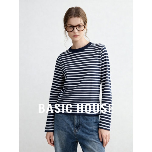 Basic House/百家好撞色条纹圆领宽松T恤新款百搭长袖打底衫上衣