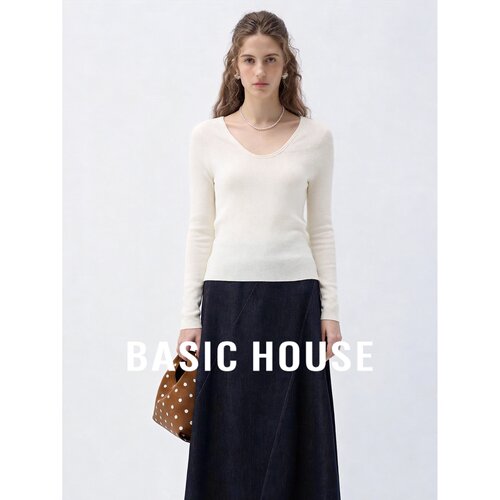 Basic House/百家好全羊毛V领长袖针织衫女白色修身气质毛衣上衣