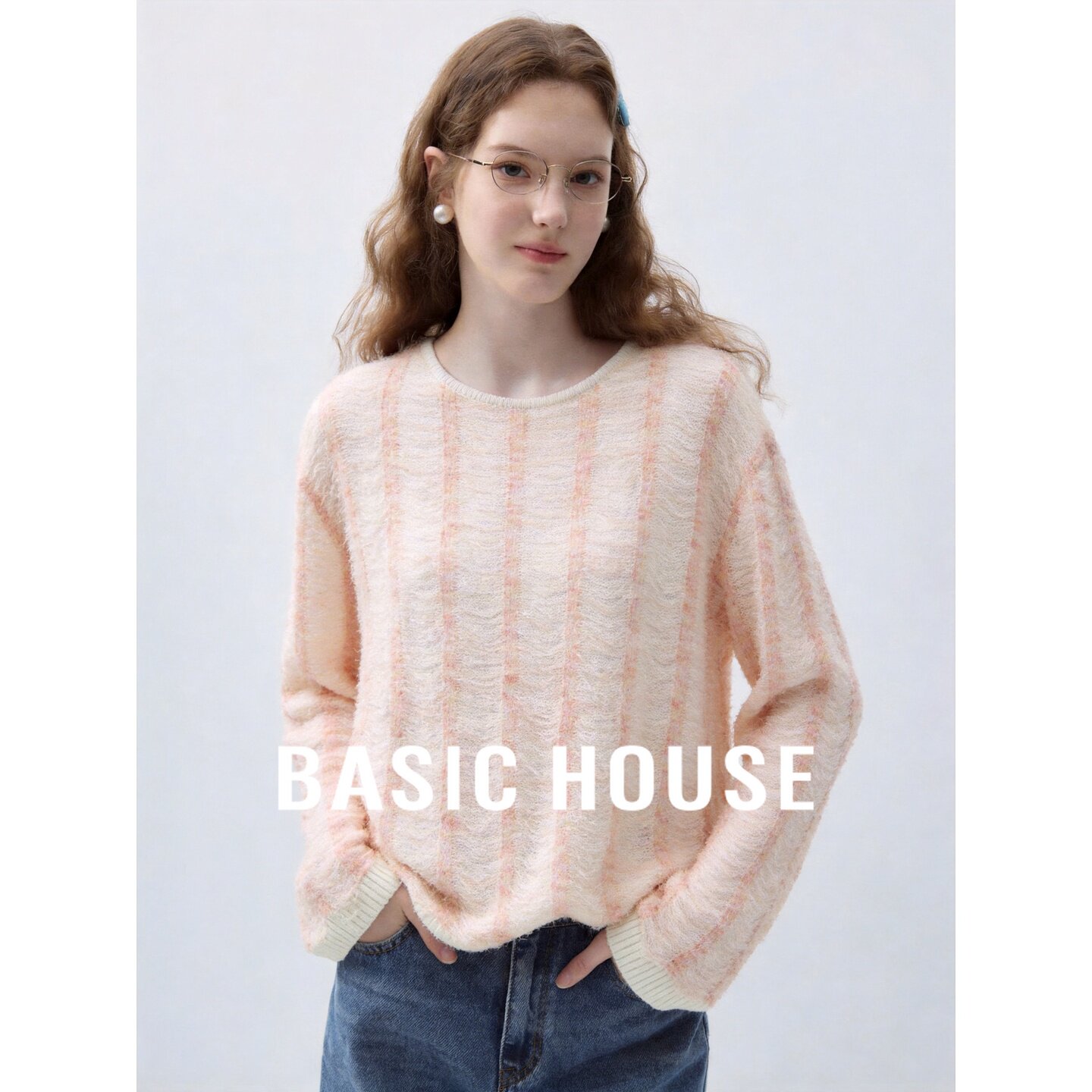 Basic House/百家好慵懒风舒适圆领毛绒针织衫女宽松百搭温柔上衣