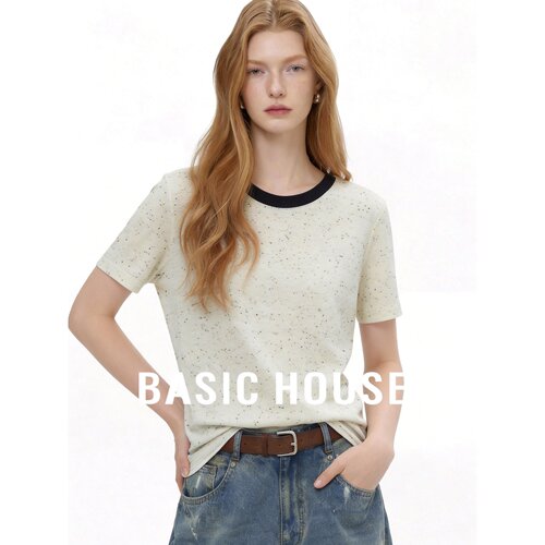 Basic House/百家好2026新款撞色含棉圆领短袖T恤女夏极简风上衣