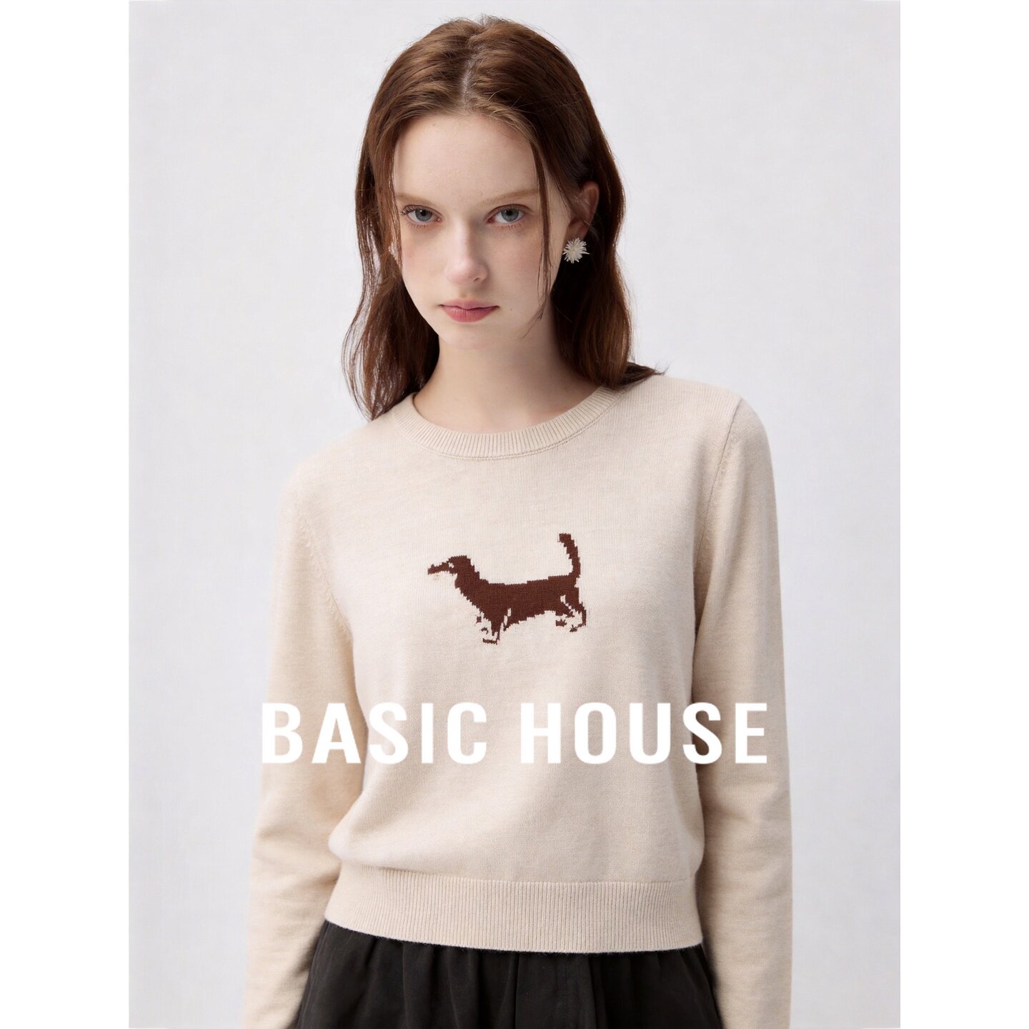 Basic House/百家好时尚简约小狗图案圆领针织衫女百搭套头上衣