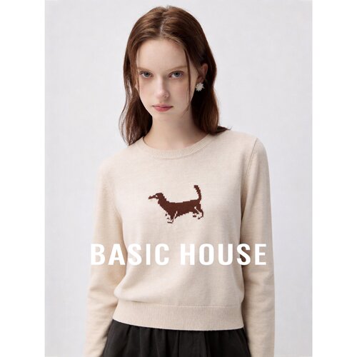 Basic House/百家好时尚简约小狗图案圆领针织衫女百搭套头上衣