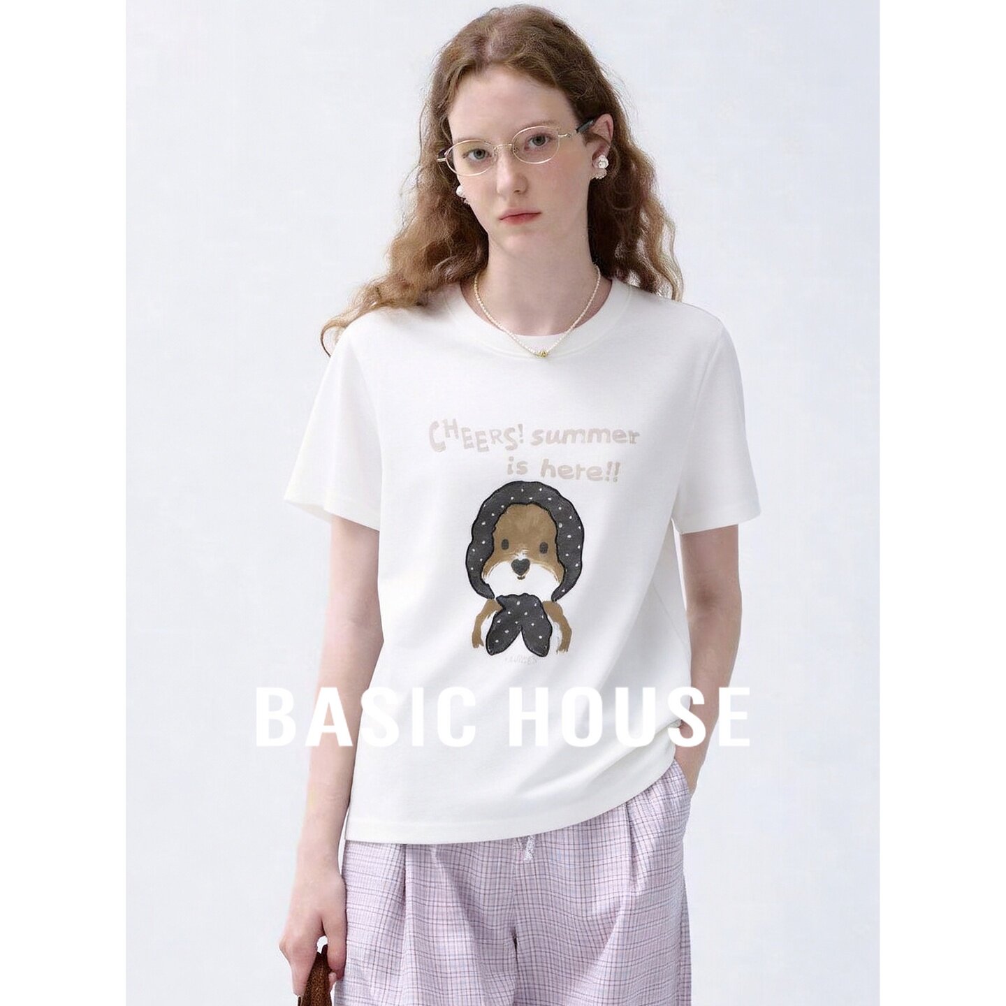 Basic House/百家好可爱印花棉质短袖T恤女白色圆领减龄百搭上衣