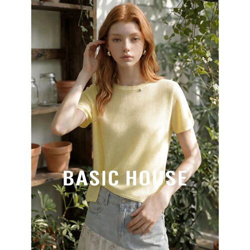 Basic House/百家好法式纯色圆领短袖针织衫女夏显瘦百搭上衣针织