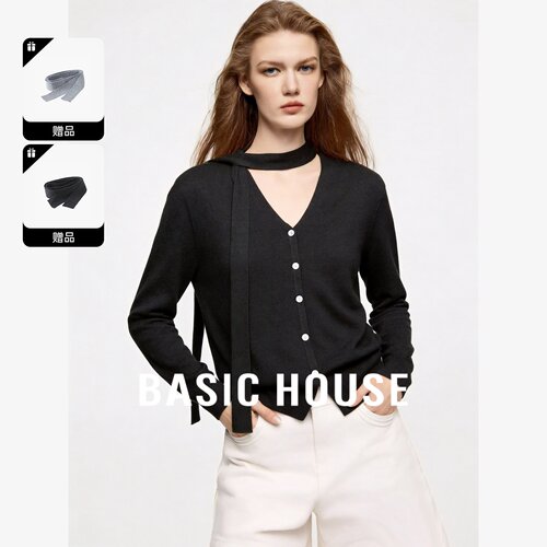 Basic House/百家好V领飘带挂脖设计感针织开衫长袖百搭气质上衣