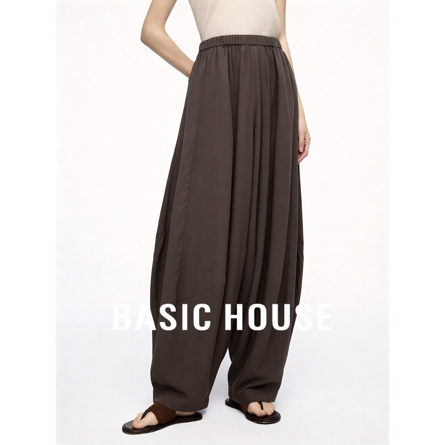 Basic House/百家好深棕色莱赛尔亚麻阔腿裤宽松休闲裤女秋季新款