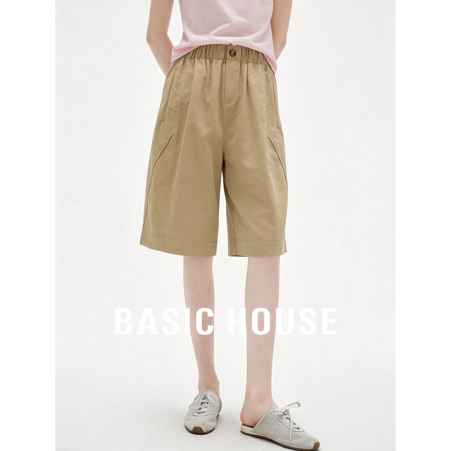 Basic House/百家好卡其色阔腿五分裤女夏季新款显瘦百搭休闲短裤