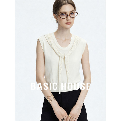 Basic House/百家好米白莱赛尔透气舒适短款针织衫女夏设计感上衣